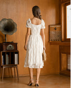 Beige Midi Dress with Square Neck and Puffed Sleeves