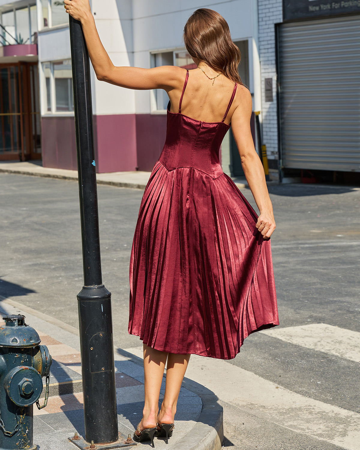 Wine Red Ruched A-Line Midi Slip Dress