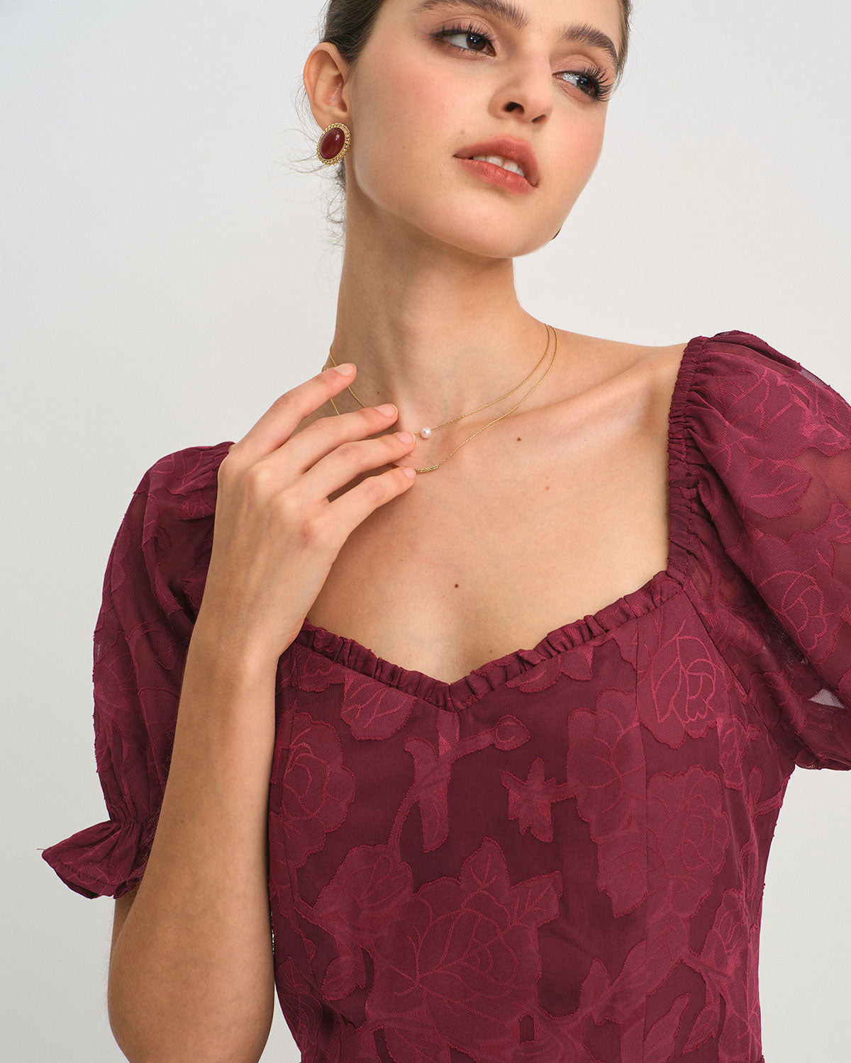Wine Red Jacquard Midi Dress with Slit