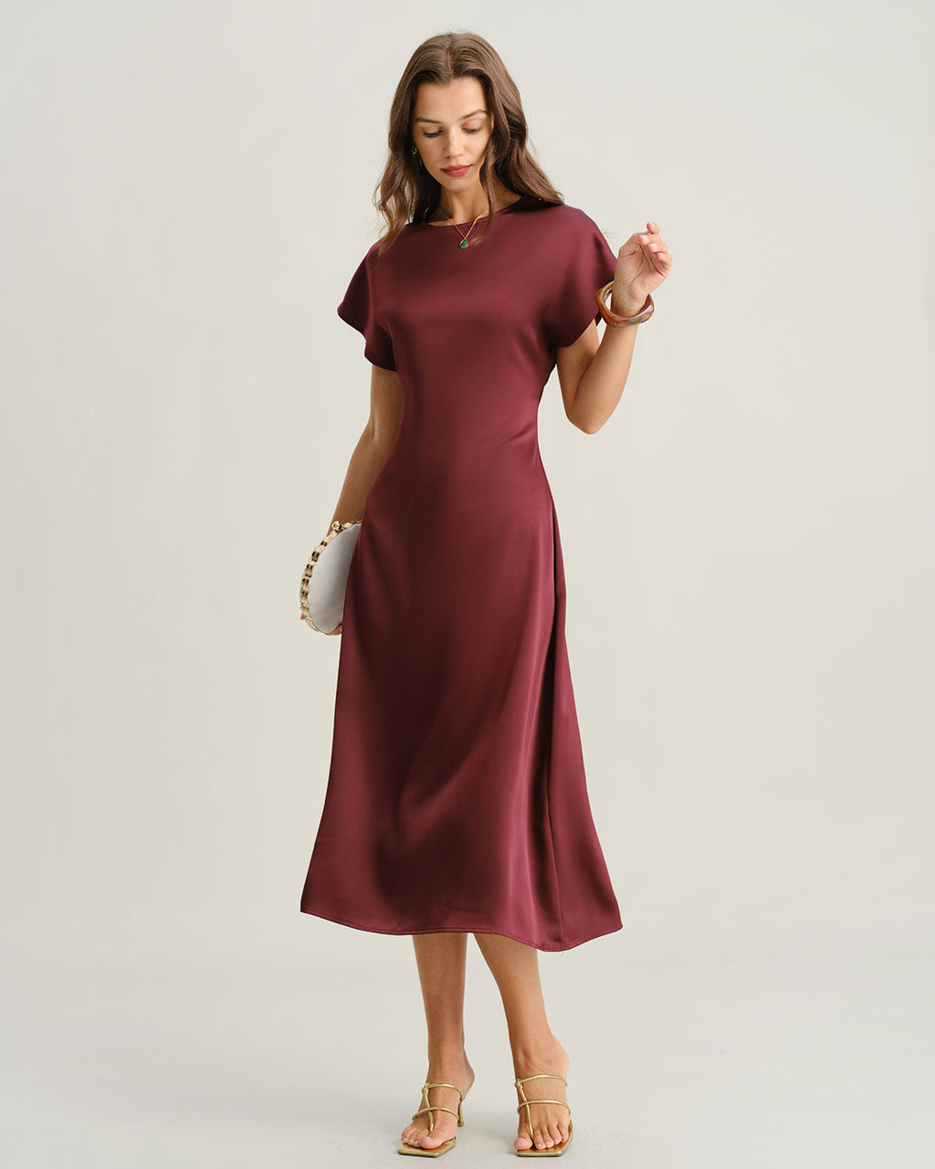 Crimson Satin A-Line Midi Dress with Cowl Sleeves