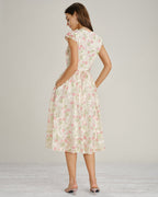 Floral Lace Midi Dress with V-Neck in Pink