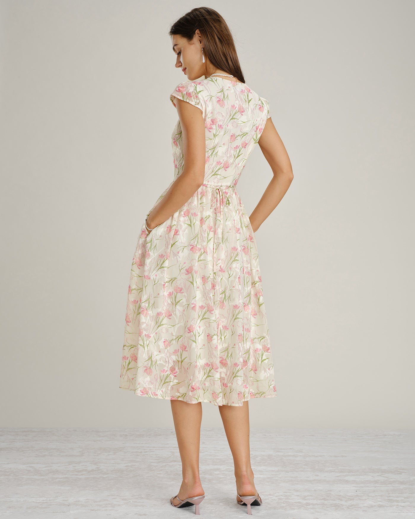 Floral Lace Midi Dress with V-Neck in Pink