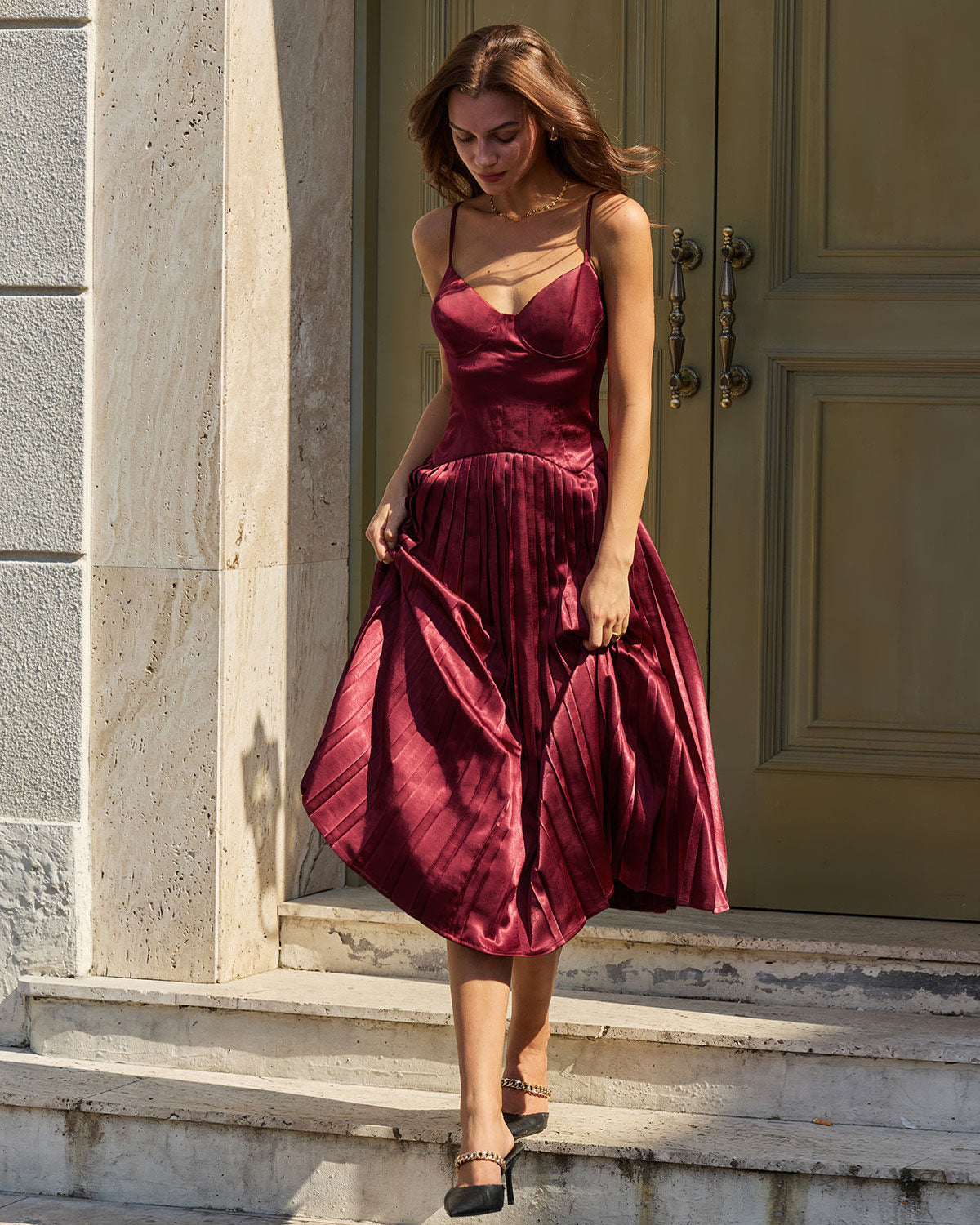 Wine Red Ruched A-Line Midi Slip Dress