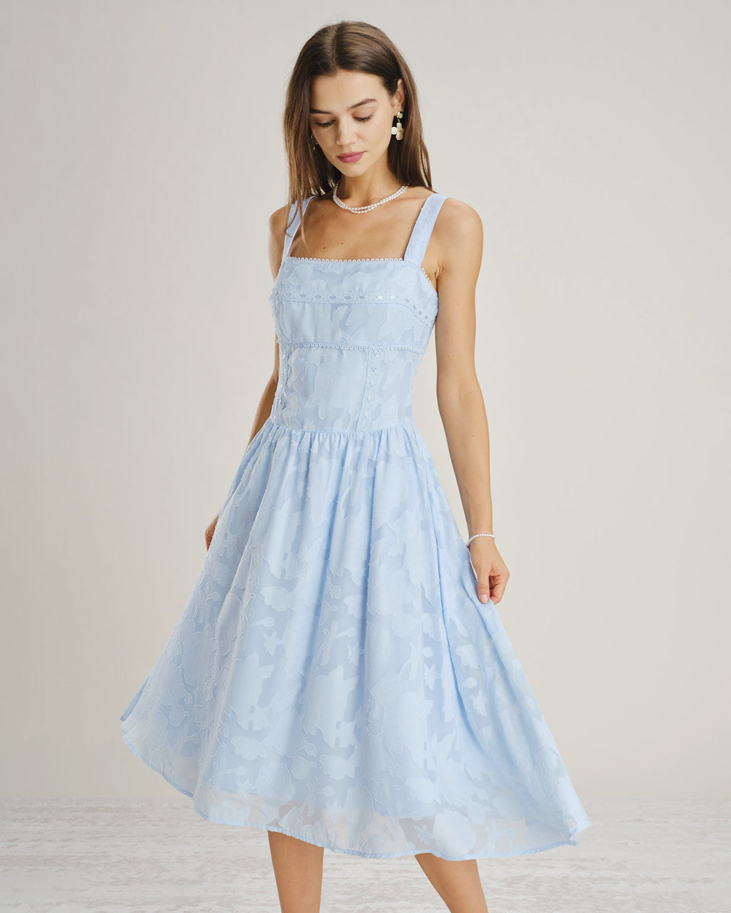 Blue Lace Jacquard Midi Dress with Square Neck