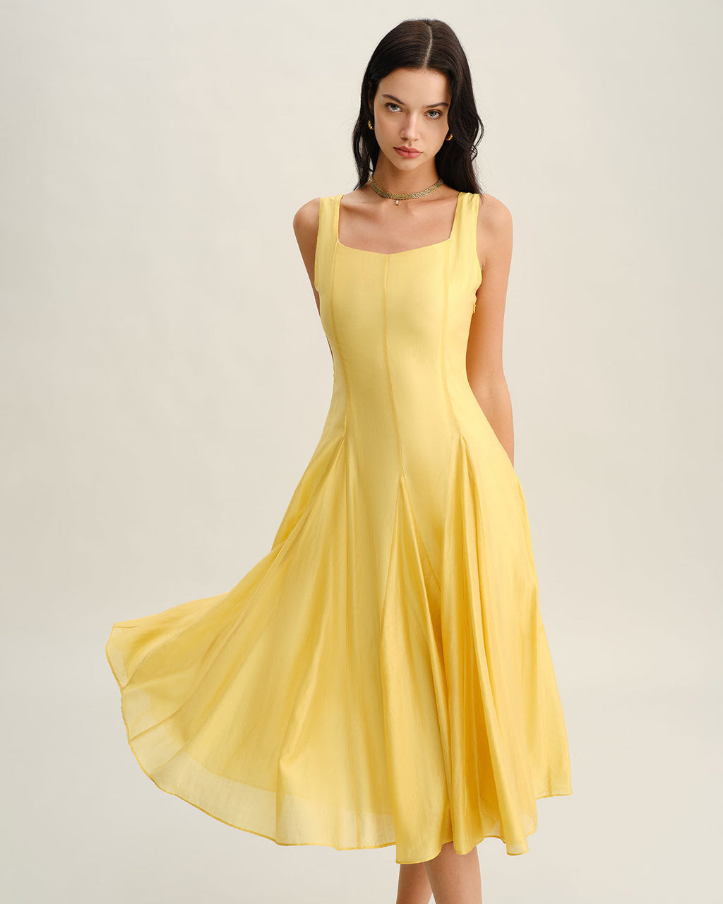 Pleated Midi Dress with Square Neck in Yellow