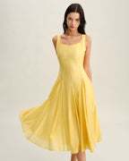 Pleated Midi Dress with Square Neck in Yellow