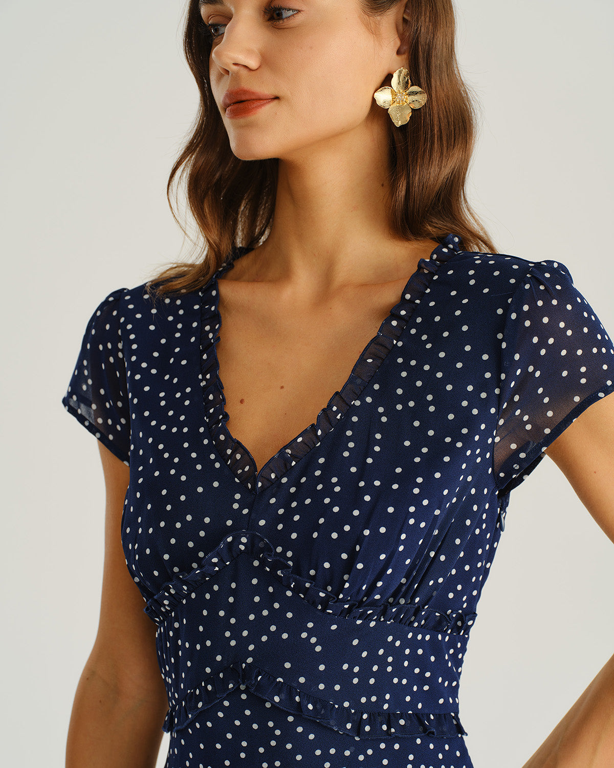 Navy Midi Dress with Cap Sleeves and Polka Dot Print