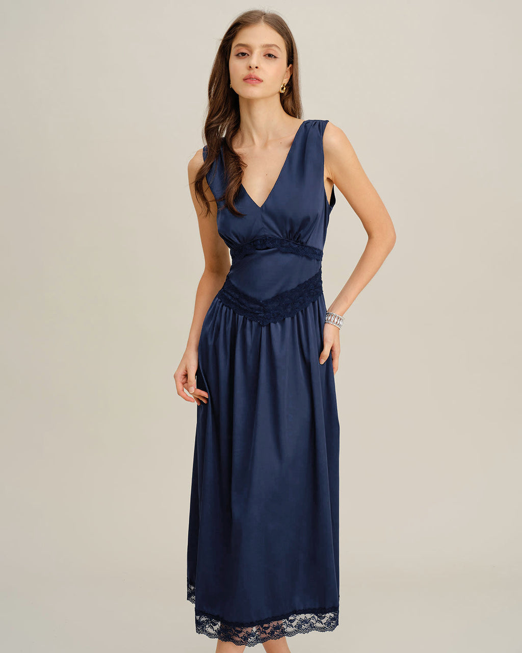 Blue Sleeveless Midi Dress with V-Neck and A-Line Silhouette