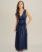 Blue Sleeveless Midi Dress with V-Neck and A-Line Silhouette