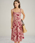 Floral Lace Midi Dress with Pink Square Neck