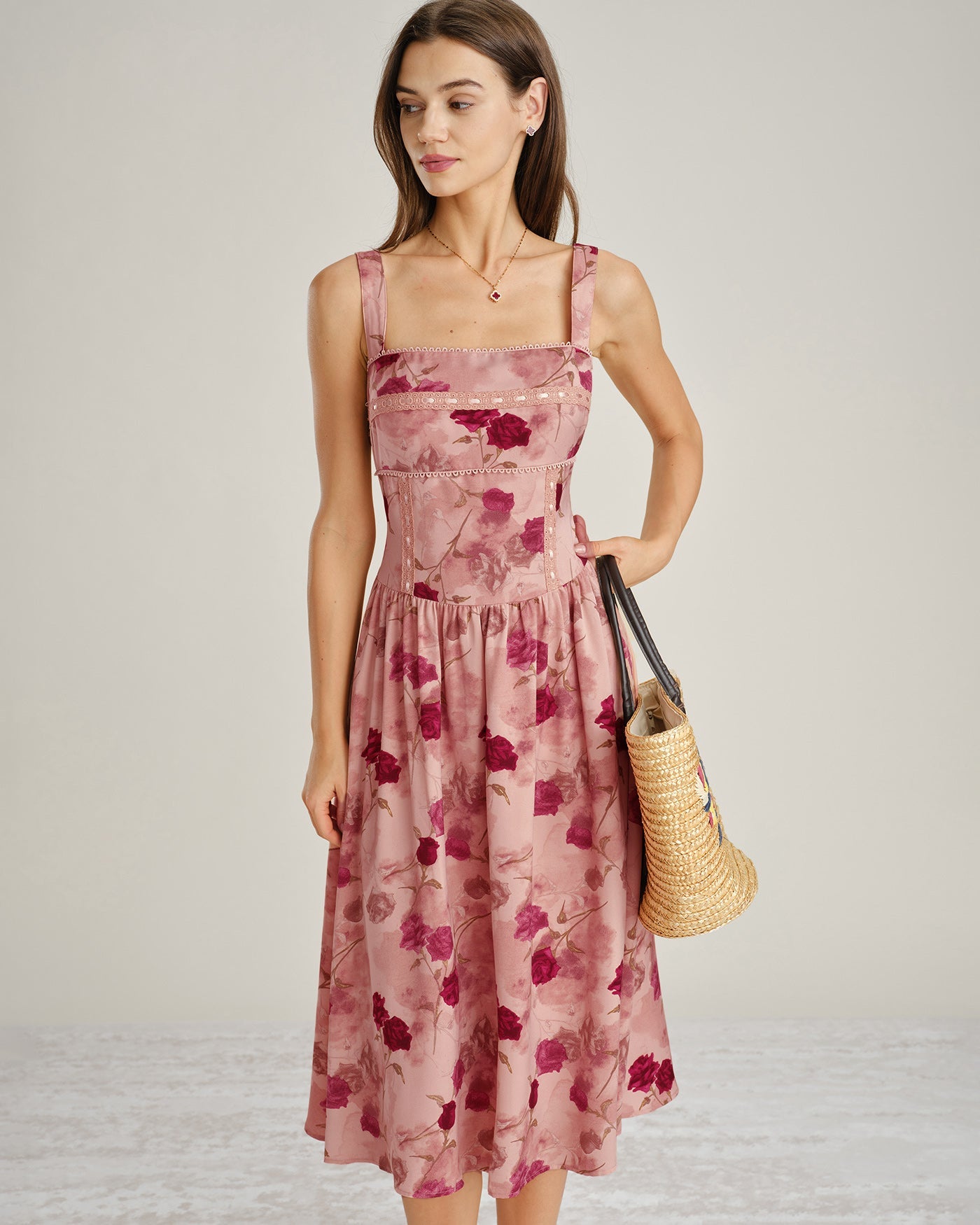Floral Lace Midi Dress with Pink Square Neck