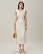 Apricot Pearl Satin Midi Dress with Boat Neck
