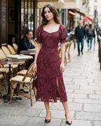 Wine Red Jacquard Midi Dress with Slit