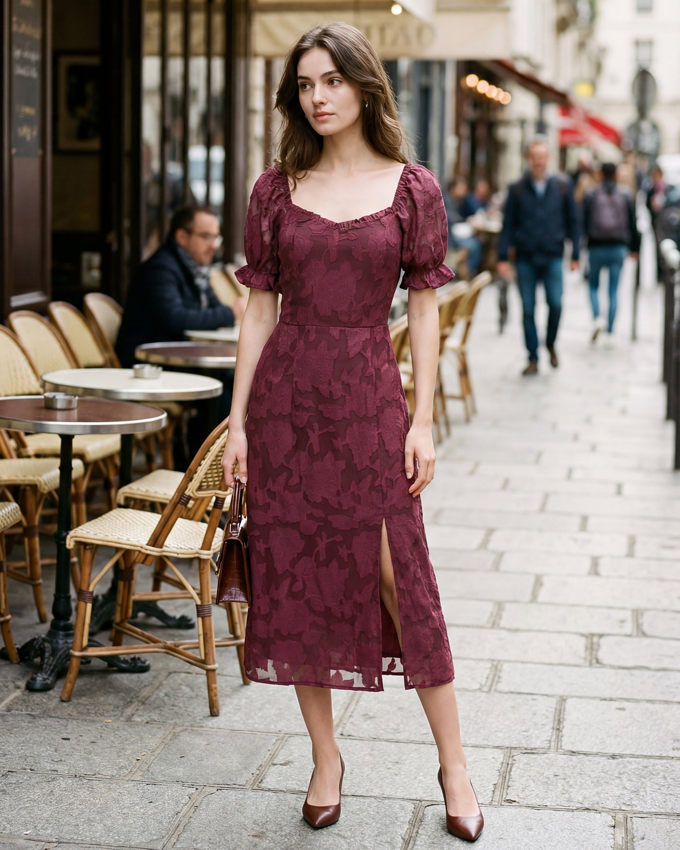 Wine Red Jacquard Midi Dress with Slit