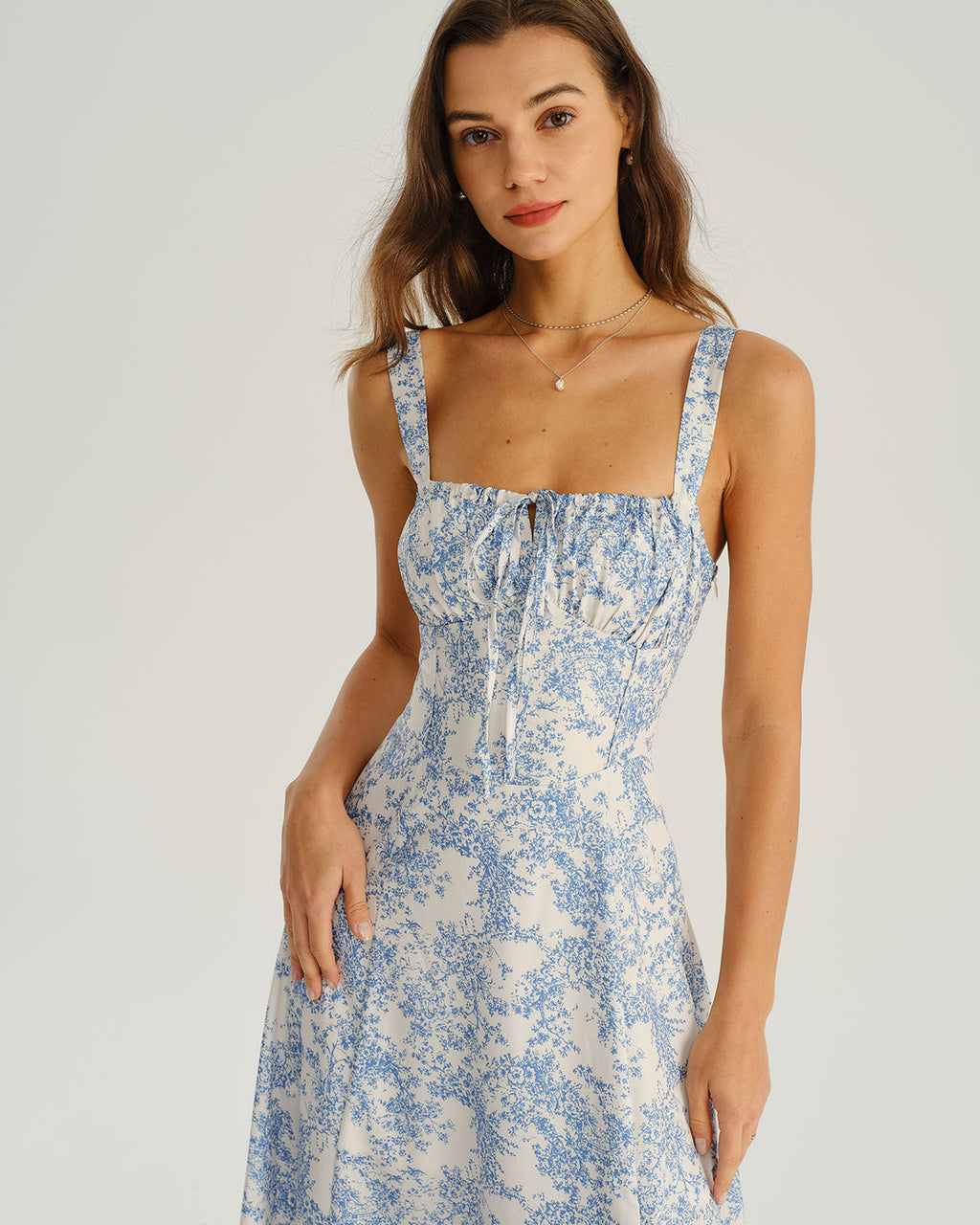 Floral Blue Ruched Midi Slip Dress