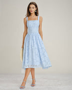 Blue Lace Jacquard Midi Dress with Square Neck