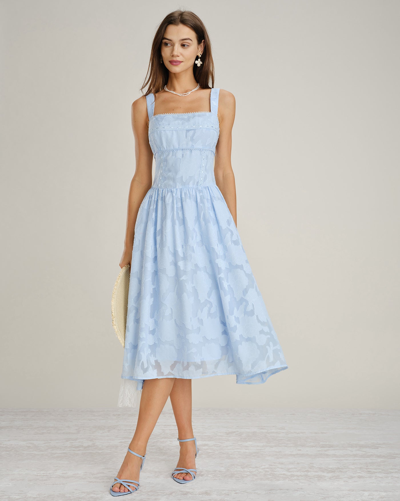 Blue Lace Jacquard Midi Dress with Square Neck