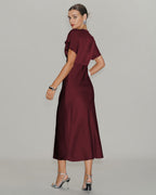 Wine Red Satin Midi Dress with Cowl Sleeves