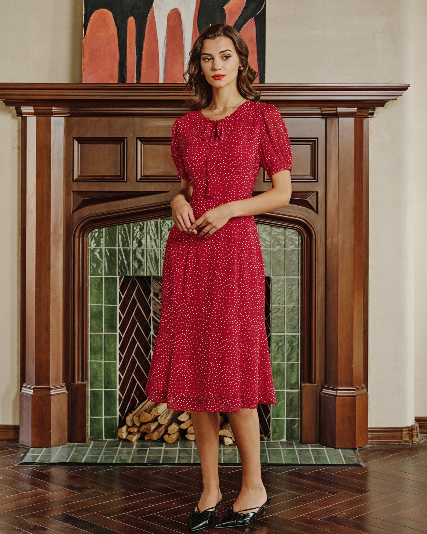 Chiffon Midi Dress with Red Polka Dots