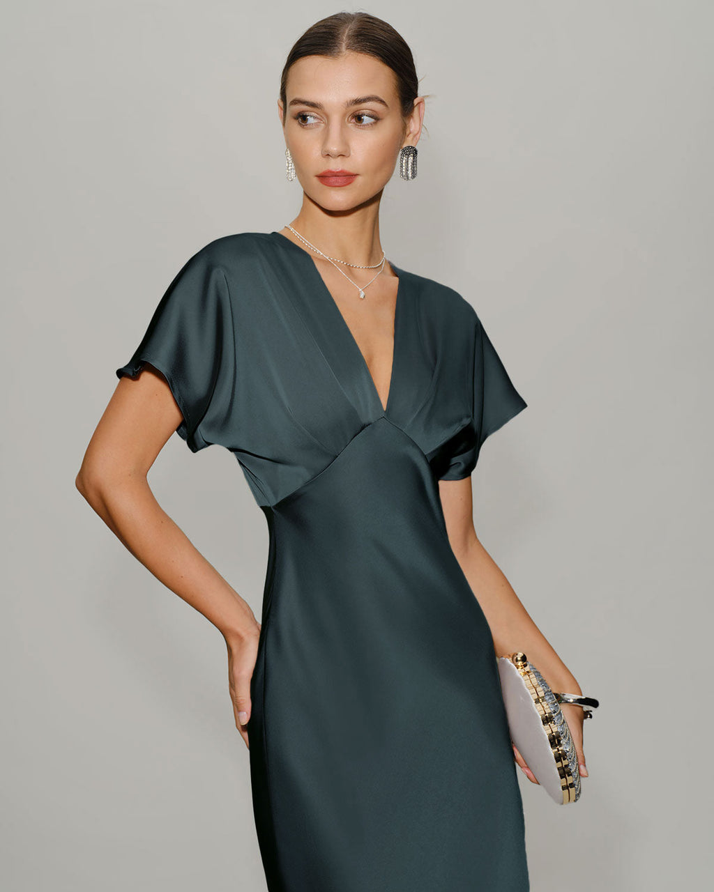 Grey-Green Satin Midi Dress with Cowl Sleeves