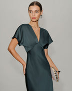 Grey-Green Satin Midi Dress with Cowl Sleeves