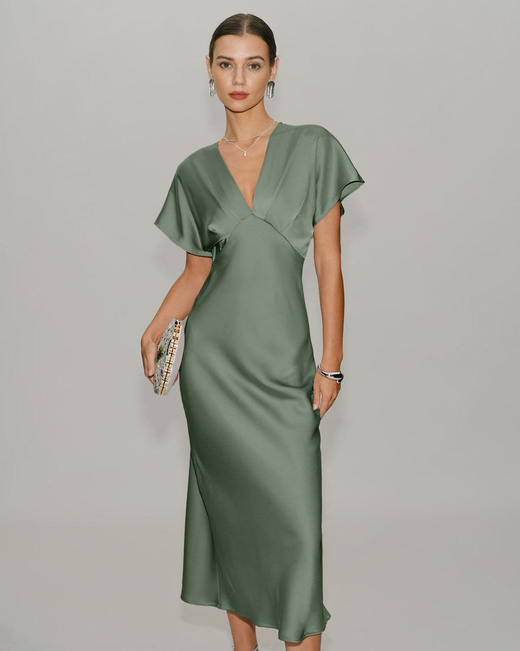 Emerald Satin V-Neck A-Line Midi Dress