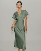 Emerald Satin V-Neck A-Line Midi Dress
