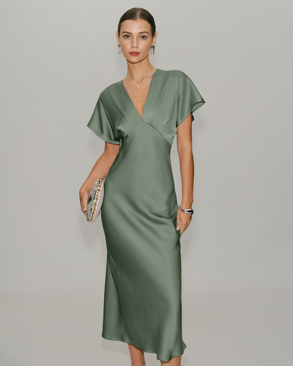 Emerald Satin V-Neck A-Line Midi Dress