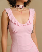 Pink Sleeveless Midi Dress with V-Neck and Ruffle Details
