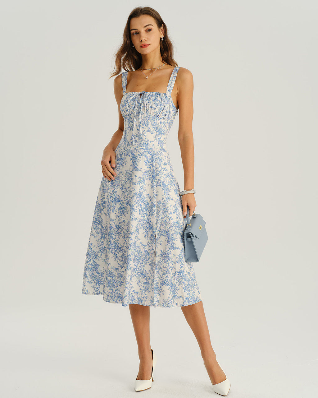 Floral Blue Ruched Midi Slip Dress