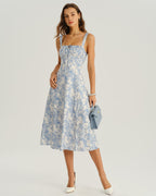 Floral Blue Ruched Midi Slip Dress