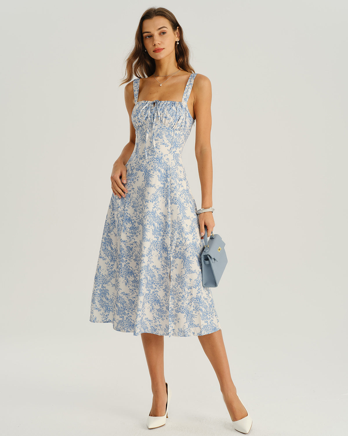 Floral Blue Ruched Midi Slip Dress