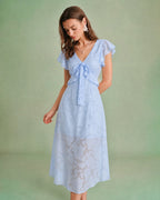 Blue Jacquard Ruffle Midi Dress with V-Neck