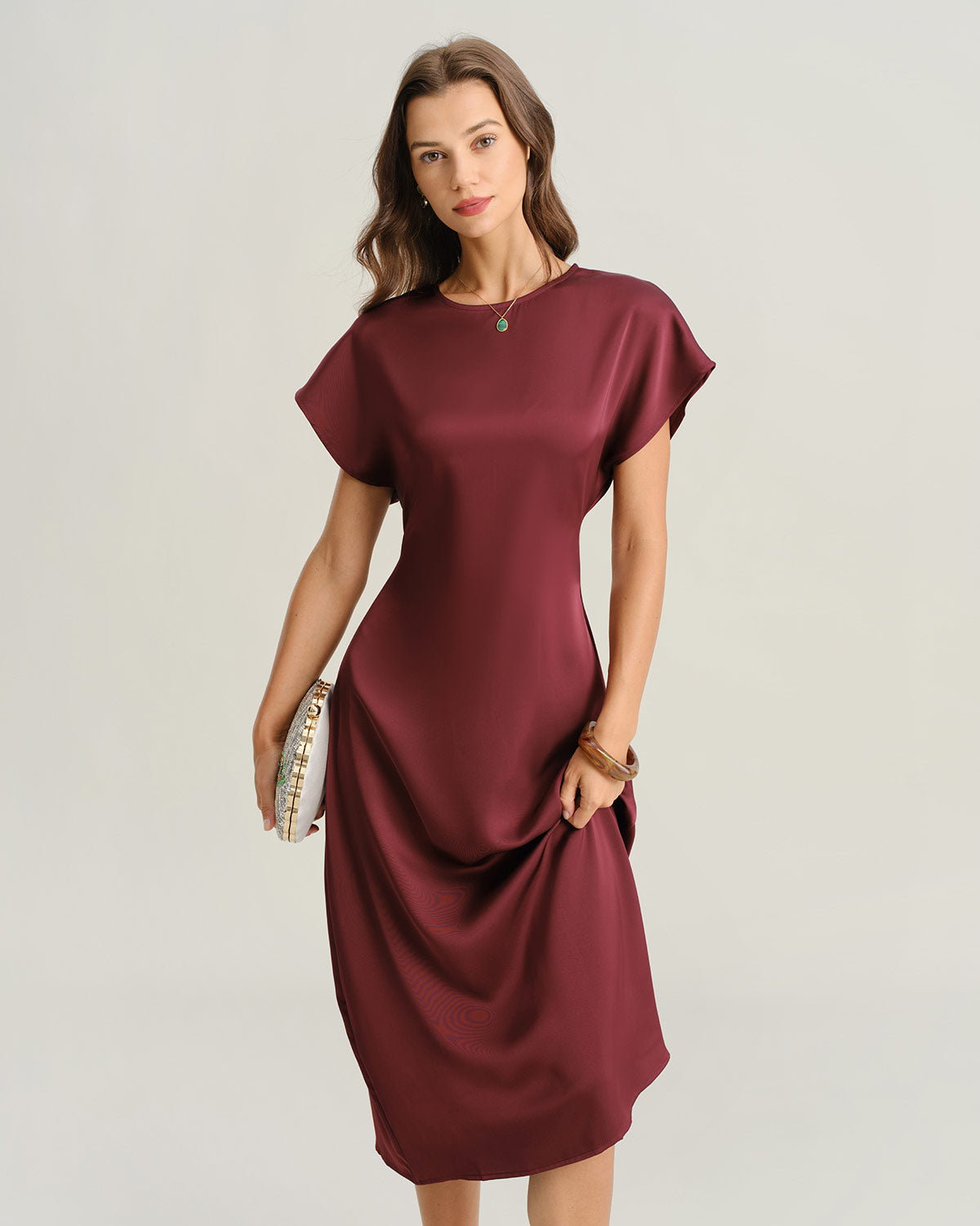 Crimson Satin A-Line Midi Dress with Cowl Sleeves