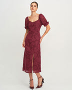 Wine Red Jacquard Midi Dress with Slit