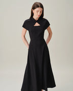 Black Sleeveless Midi Dress with Square Neck and Button Details