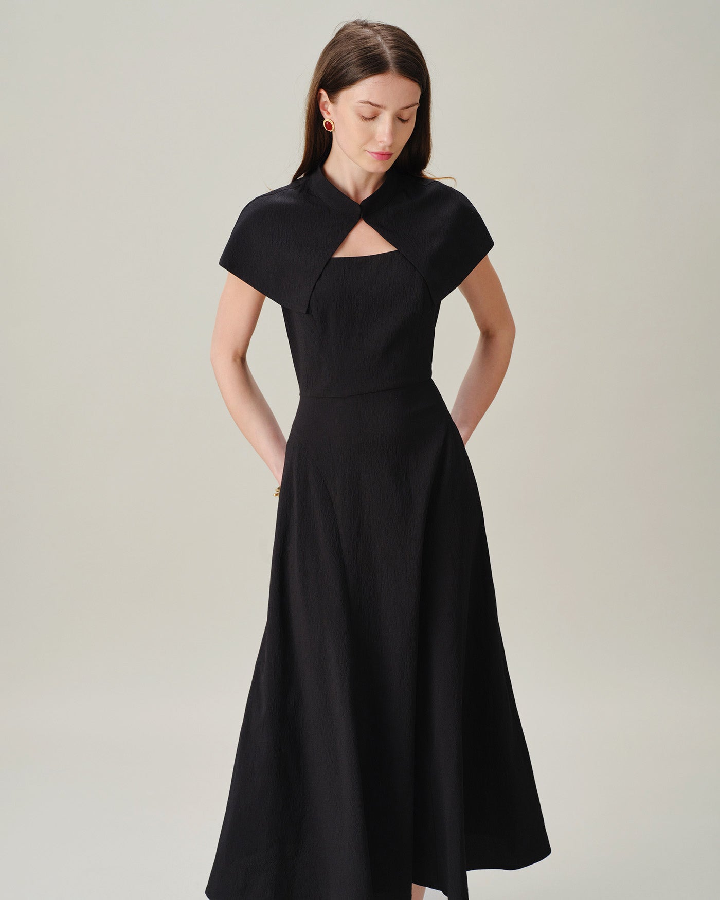Black Sleeveless Midi Dress with Square Neck and Button Details