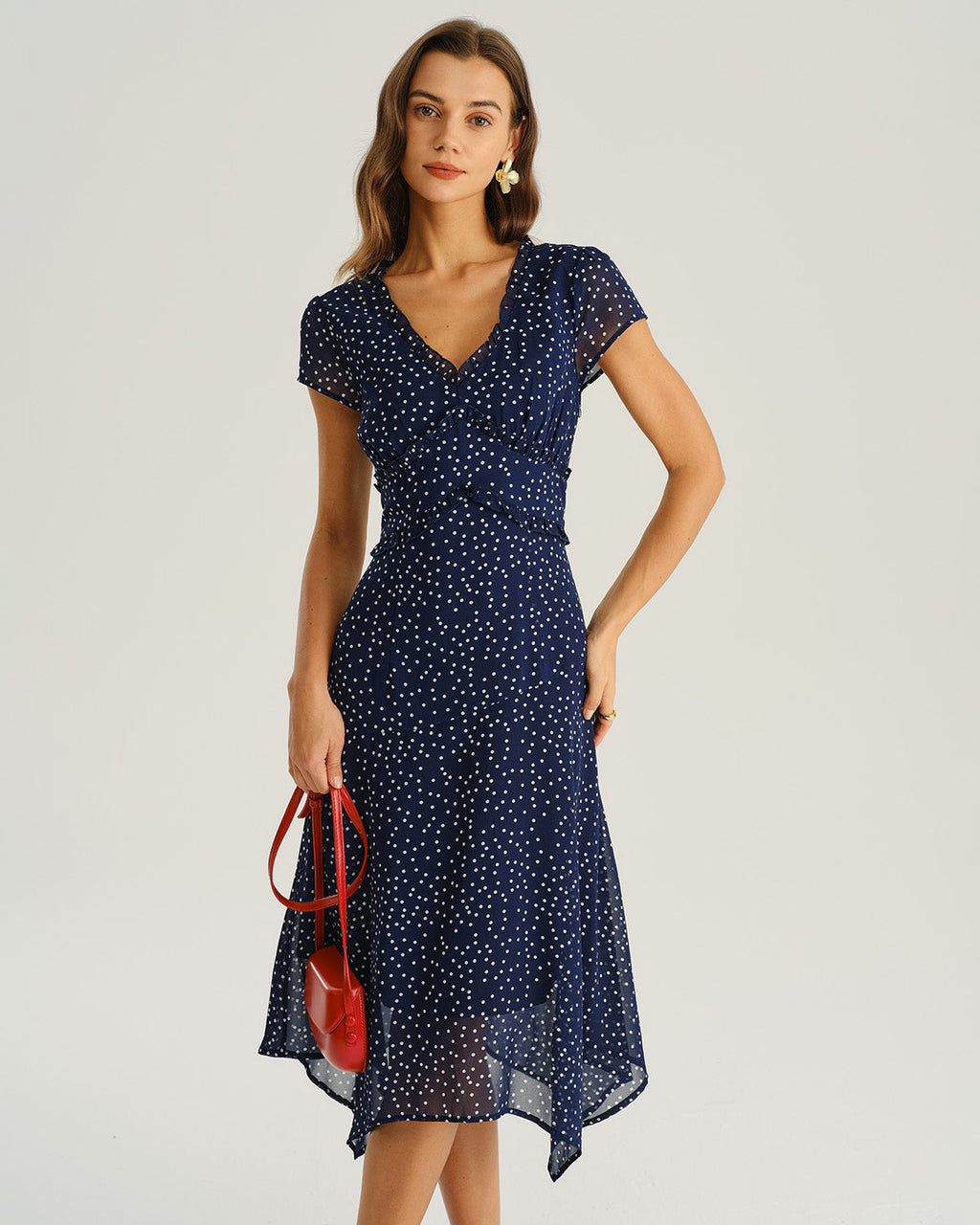 Navy Midi Dress with Cap Sleeves and Polka Dot Print