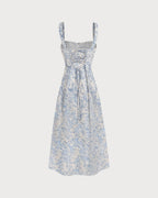 Floral Blue Ruched Midi Slip Dress