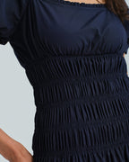 Shirred Midi Dress with Blue Puffed Sleeves