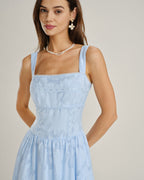 Blue Lace Jacquard Midi Dress with Square Neck