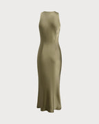 Emerald Satin Boat Neck Midi Slip Dress
