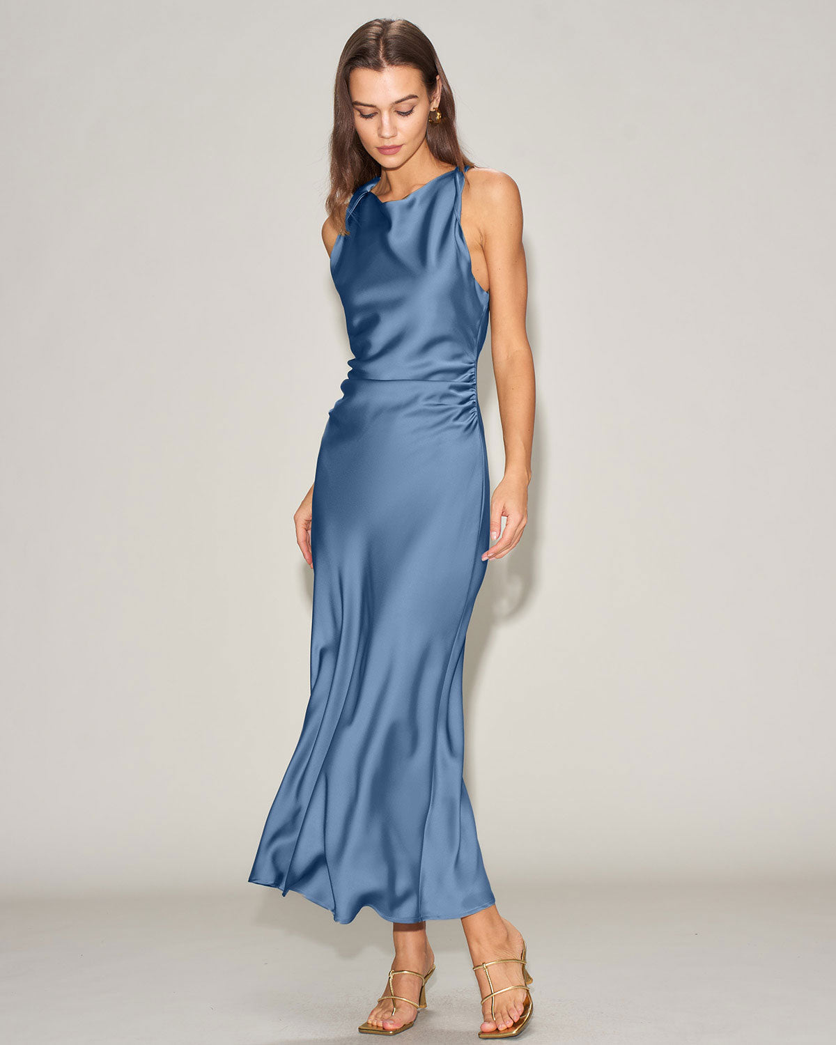 Blue Satin Boat Neck Midi Slip Dress