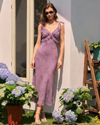 Floral Print Midi Dress with Ruffled Tie Straps in Purple