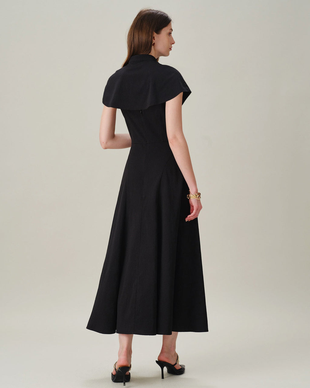 Black Sleeveless Midi Dress with Square Neck and Button Details