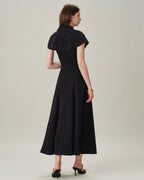 Black Sleeveless Midi Dress with Square Neck and Button Details