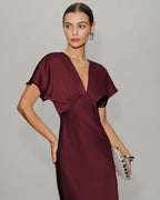 Wine Red Satin Midi Dress with Cowl Sleeves