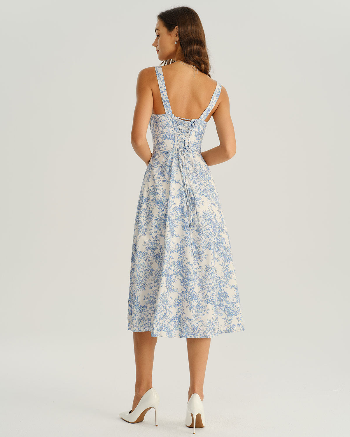 Floral Blue Ruched Midi Slip Dress