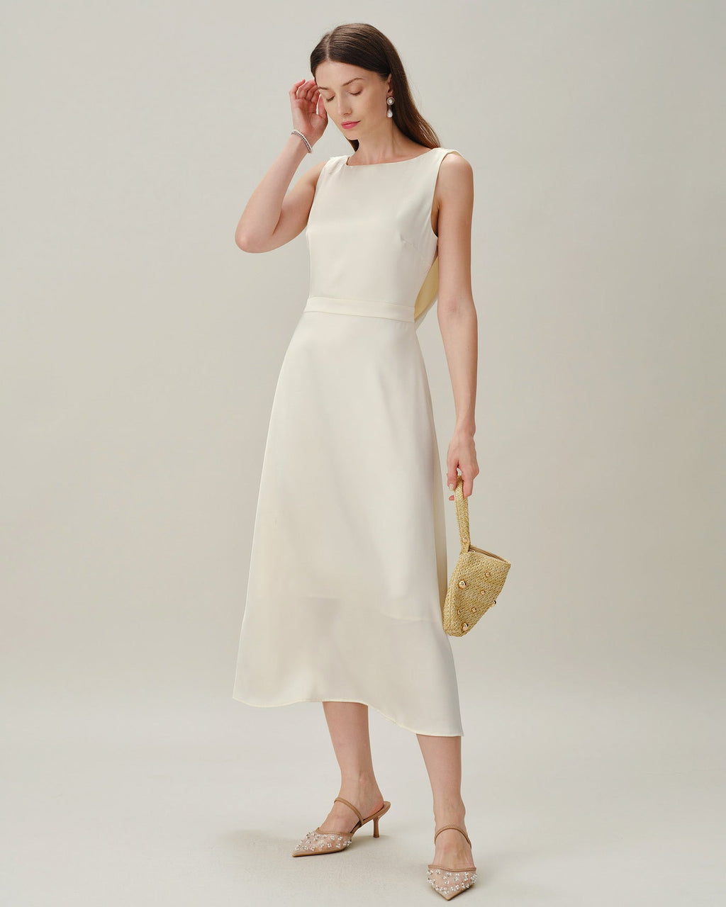 Apricot Pearl Satin Midi Dress with Boat Neck