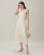 Apricot Pearl Satin Midi Dress with Boat Neck